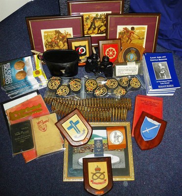 Lot 98 - Militaria, including a Machine gun cartridge belt, Civil Defence Corps cloth badges, a pair of...