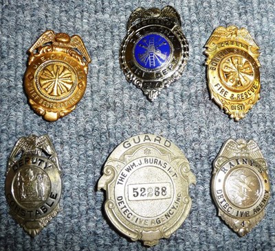 Lot 100 - Six USA Badges, comprising three white metal:- Guard The Wm.J.Burns Int.l. Detective Agency;...