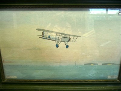 Lot 114 - K Munro - Study of the famous Hawker Horsley Biplane J8025, watercolour, signed and dated...