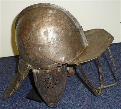 Lot 130 - A Replica of an English Harquebusier's Three Bar Pot Helmet, with two piece folded skull, four...