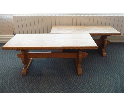 Lot 1246 - A Pair of Yorkshire Oak Coffee Tables, with adzed tops, carved edge detail, on two shaped...