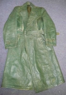 Lot 159 - A German Officer's Green Leather Trench Coat, with rever collar, stitched back yoke, waist...