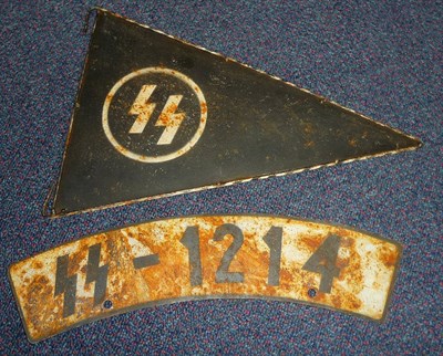 Lot 167 - A German Third Reich SS Car Pennant, in black painted tin with white SS runes (Said to have...