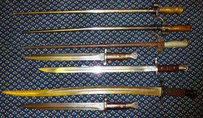 Lot 295 - Seven Bayonets, comprising:- a British Pattern 1888 MkI, Type 2 "Lee-Metford" Bayonet; a...