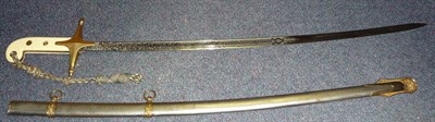 Lot 304 - A US Marine Corps Officer's Mameluke Hilted Sabre, the 76cm single edge steel blade etched...