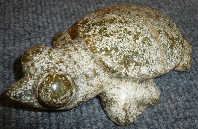 Lot 361 - A North American Indian Carved Mottled Green and Cream Stone Figure of a Turtle, 18cm