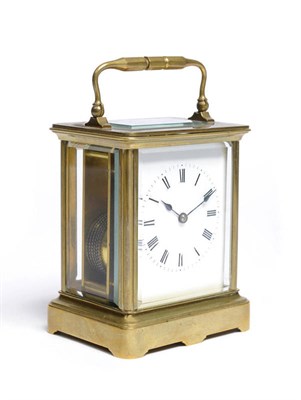 Lot 1269 - An Unusual Gilt Brass Single Fusee Carriage Timepiece, circa 1900, the corniche case with...