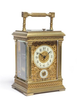 Lot 1270 - A Gilt Brass Grand Sonnerie Carriage Clock with Alarm, circa 1890, the case with carrying...