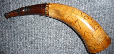 Lot 380 - An American Style Powder Horn, with scrimshaw type decoration of a quartered shield inscribed...