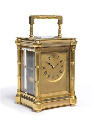 Lot 1271 - A Gilt Brass Striking and Repeating Carriage Clock, circa 1890, the case with bamboo style columns