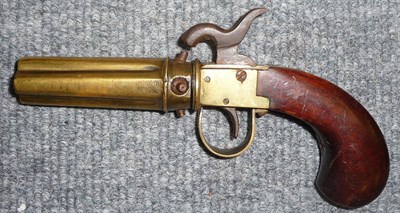 Lot 444 - A 19th Century Continental Brass Four Barrel Percussion Cap  Pepperbox Revolver, with 9cm...