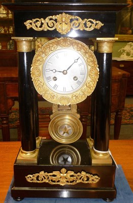 Lot 1283 - An Ebonised Portico Striking Mantel Clock, circa 1880, the typical portico case with applied...