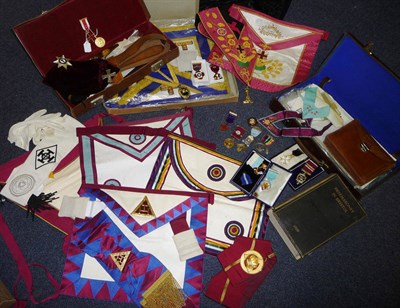 Lot 49 - A Collection of Masonic Regalia:- Knights Templar sash, gloves, cap with silver cross, breast...