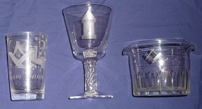 Lot 50 - A Late Victorian/Edwardian Masonic Glass Tumbler, etched with masonic symbols and the name...