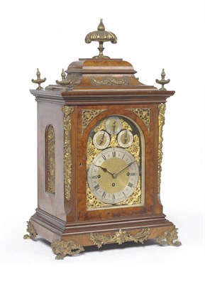 Lot 1294 - A Burr Walnut Chiming Table Clock, circa 1890, the nicely figured case with applied finials and...