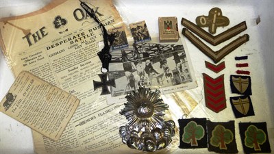 Lot 111 - A Small Quantity of Militaria, including cloth insignia and rank stripes, a German 1914 Iron Cross