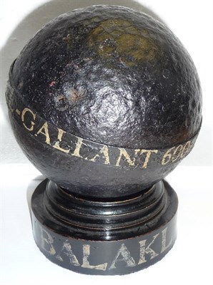Lot 152 - A 19th Century Cannon Ball, painted black and set with a band inscribed "-GALLANT 600- HAILED...