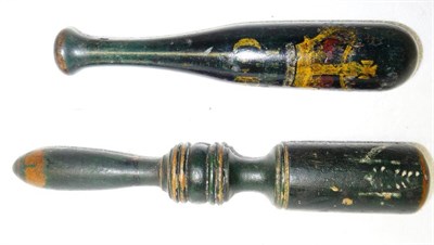Lot 165 - A George IV Black Painted Wood Small Truncheon, the rounded cylindrical body painted with a...