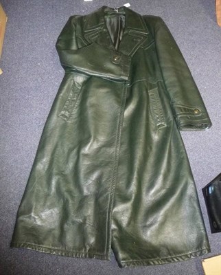 Lot 227 - A German Officer's Green Leather Trench Coat, with rever collar, stitched back yoke, waist...