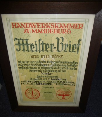 Lot 229 - A German Third Reich Meister-Brief, to Herr Otto Ropke, dated 23 November 1938, framed and glazed.