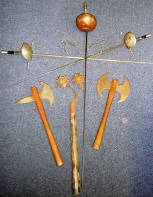 Lot 312 - A Fencing Foil, with fullered triangular section blade, copper bowl hilt, string bound gripo...