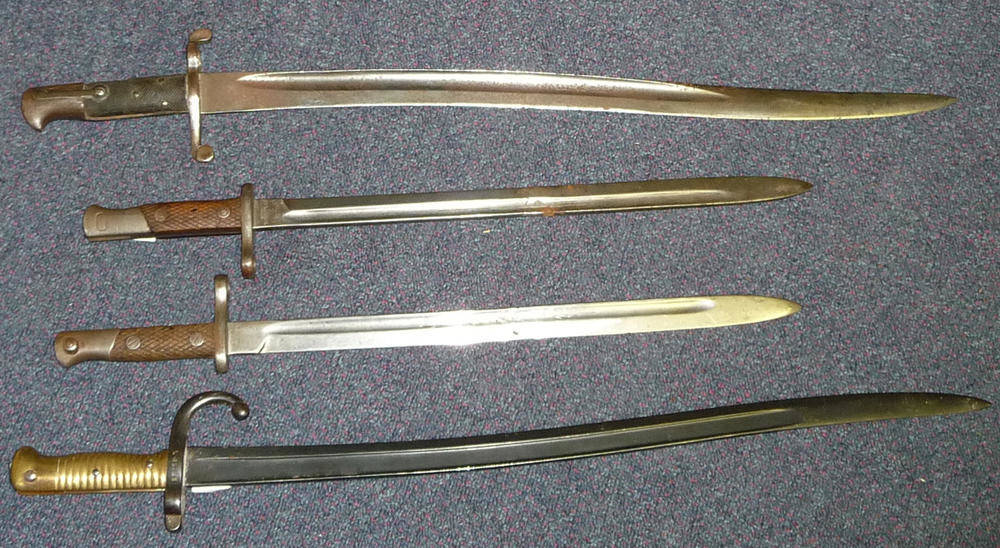 Lot 314 - Four Bayonets:- A British Pattern 1856 "2-Band" Enfield Sword Bayonet, the fullered steel blade...