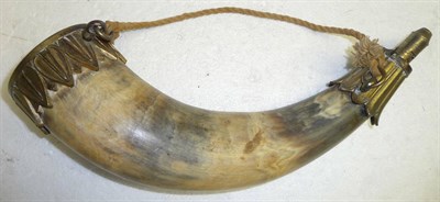 Lot 357 - A 19th Century Powder Horn, with heavy lapet leaf cast brass fittings, brass charger and steel...