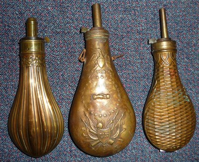 Lot 358 - A Copper Powder Flask by G & J W Hawkesley, of fluted pear shape with foliate strapwork neck, brass