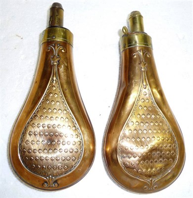 Lot 363 - A Pair of Copper Powder Flasks by G & J W Hawksley, each of pear shape embossed with foliate...