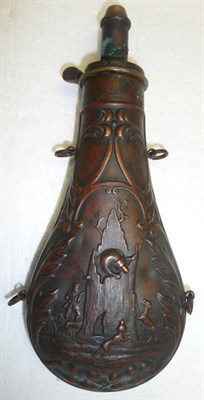 Lot 367 - An American Copper 'Bear in Tree' Powder Flask By Am Flask & Cap Co., the pear shape body...