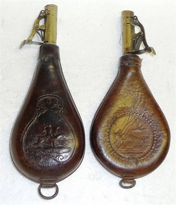 Lot 369 - Two 19th Century Leather Shot Flasks, with brass chargers, one embossed with huntsmen on horseback