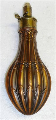 Lot 373 - A 19th Century Copper Powder Flask, of foliate embossed and fluted pear shape, the brass...