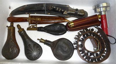 Lot 380 - Shotgun Accessories, comprising two copper powder flasks embossed with a foliate cartouche and...