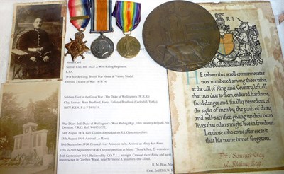 Lot 7 - A First World War "Mons" Trio and Memorial Plaque, awarded to 10277 PTE.S.CLAY. 2/W.RID:R.,...