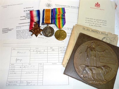 Lot 9 - A First World War Trio and Memorial Plaque, awarded to 18-718 PTE.G.MILLS. W.YORK.R.,...