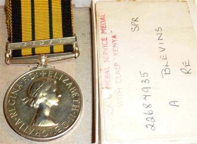 Lot 23 - An Africa General Service Medal 1902-1956, with clasp KENYA, awarded to 22687935 SPR A BLEVINS...