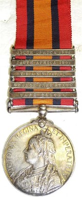 Lot 76 - A Queen's South Africa Medal, with five clasps CAPE COLONY, ORANGE FREE STATE, TRANSVAAL, SOUTH...