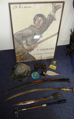 Lot 128 - Militaria, comprising a pair of Bosch binoculars, a military mirrored inspection unit, canvas...