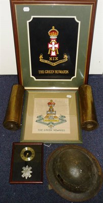 Lot 129 - An Embroidered Insignia to the Yorkshire Regiment, the Green Howards, in a glazed frame; a...