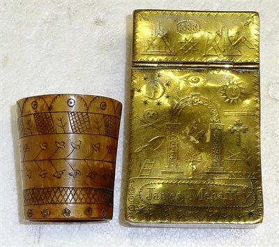 Lot 148 - An Early 19th Century Masonic Brass Tobacco Box, of curved rectangular form, the half hinged...