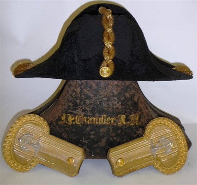 Lot 178 - A Royal Navy Black Silk Bicorn Hat, to Lieutenant Commander John Percy Chandler, with acorn and oak