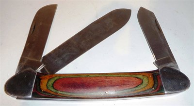 Lot 274 - A Massive Folding "Penknife", with three blades of 12cm, 12.5cm and 20cm, with stained wood...