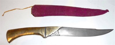 Lot 336 - An Indian Dagger, with 19cm hatchet tip curved steel blade, the steel grip inlaid with gold...