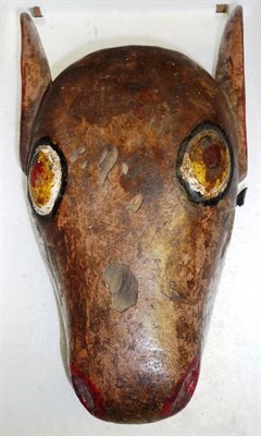 Lot 353 - A Yoruba Gelede Ikoko (Hyena) Wood Mask, with long red painted ears, carved and painted eyes,...