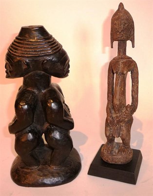 Lot 366 - A Bakuba, DRC Wood Janus Figure, as a man and woman with coiled conical headdress, standing on...