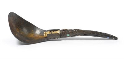 Lot 369 - A 19th Century Haida Horn Spoon, with swept curved bowl, the bone ferrule carved as the figure of a