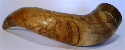 Lot 373 - A Large Powder Horn, incised with the half length bust of a man wearing a tam o' shanter and...