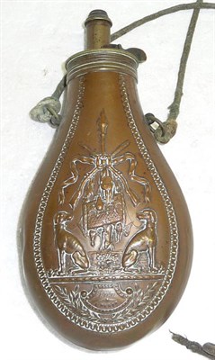 Lot 377 - A 19th Century French Copper Powder Flask, of pear shape, each side embossed with a sporting trophy