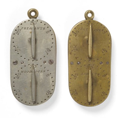 Lot 378 - A Game Counter by G & J W Hawksley, of oblong form, one side of brass with two numbered dials...