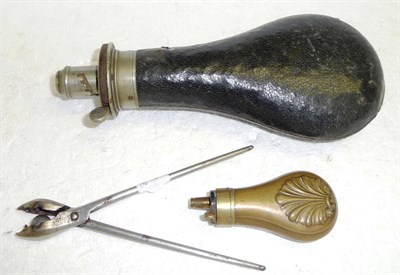 Lot 384 - A Leather Covered Powder Flask by James Dixon & Sons, Sheffield, the nickel charger and mounts...